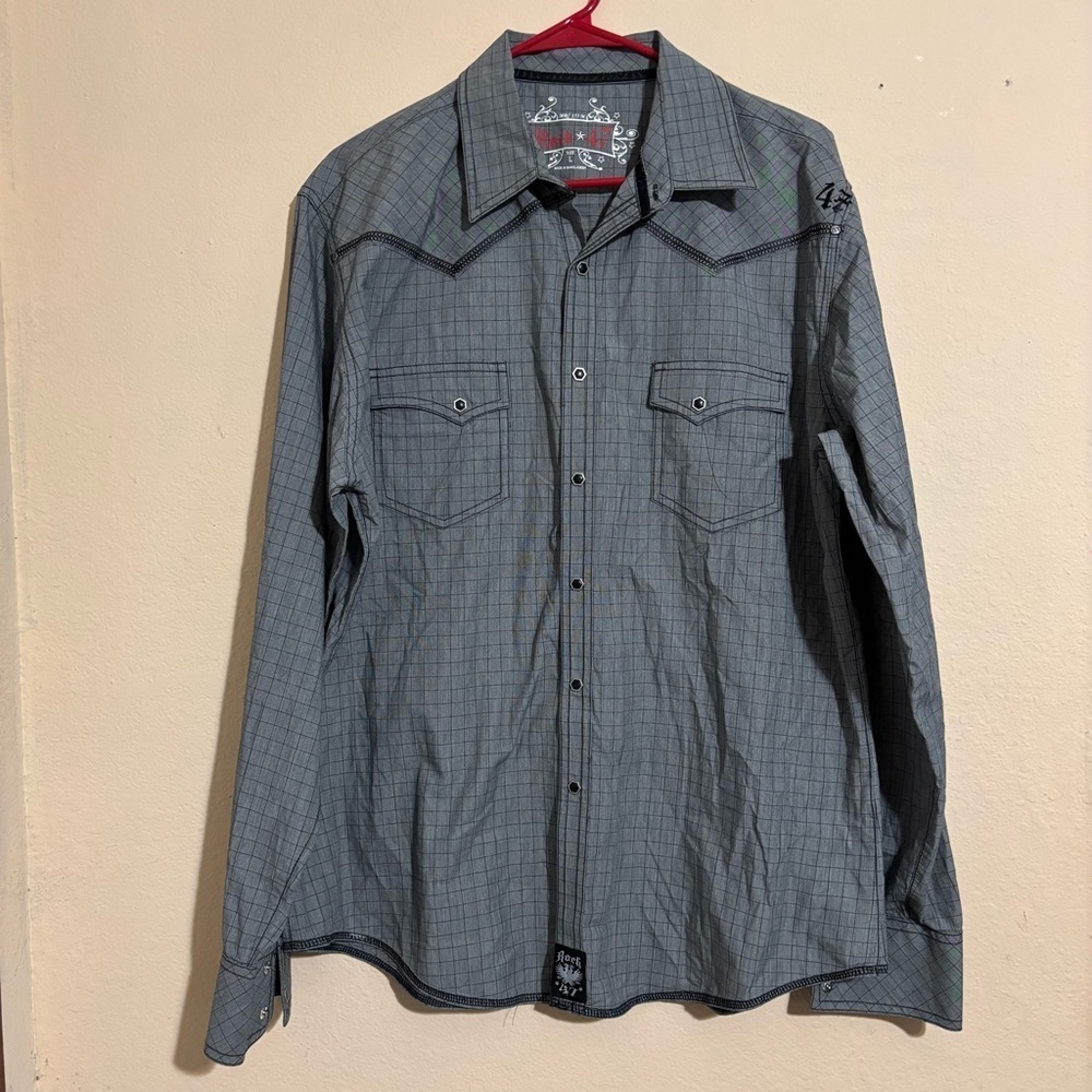 Rock 47 Wrangler Shirt Mens Pearl Snap Western Embroidered Grey Long Sleeve sz L - Picture 2 of 11